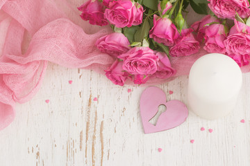 Valentine's day background with heart, candle and roses. Top vie