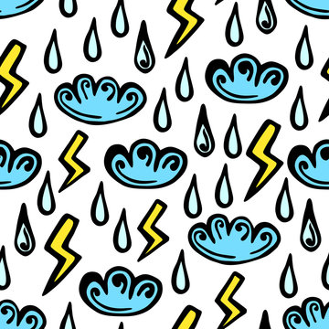 Clouds, lightning and rain. Storm seamless hand drawing vector pattern.
