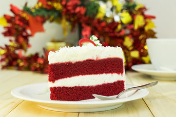 red velvet cake on wood table and christmas event - can use to display or montage on product