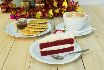 red velvet cake and waffle with honey and coffee on wood - can use to display or montage on product