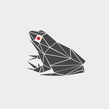 recommend clip art: stylized vector illustration of a frog, toad polygonal, monochrome, red eyes. logo, icon, sign, symbol, flat, painted in perspective