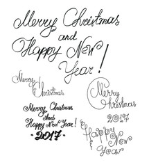 Merry Christmas and Happy New Year 2017 lettering design set painted by pen, pencil, acrylic paint isolated in black color