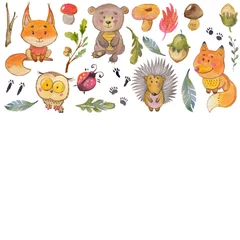 Fotobehang Watercolor pattern with animals Cute forest friends © rudut2015