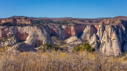 The rays of the sun illuminate the canyon. Beautiful landscape. Scenic view of the canyon. Zion National Park, Utah, USA