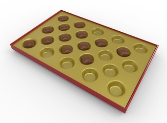 3d illustration of chocolate candies in the box. white background isolated. icon for game web.