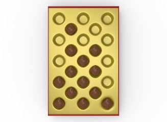3d illustration of chocolate candies in the box. white background isolated. icon for game web.
