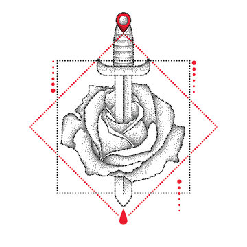 Vector drawing of dotted rose flower, knife, drop and geometric form in black and red isolated on white background. Symbolic geometry and floral elements  in dotwork style for tattoo design.