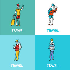 People travel-ling and having a rest. Characters. Hand drawn vintage style. Flat design vector illustration.