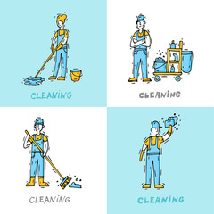 Cleaning staff characters with cleaning equipment. Hand drawn vintage style. Flat design vector illustration. © sidop