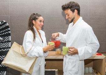 Fototapeta premium Happy couple having fun at the spa at vacation.