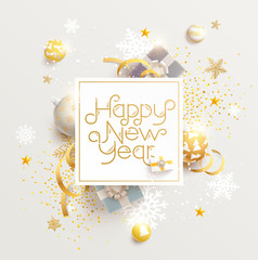 Happy New Year greeting card with gifts, balls and snowflake
