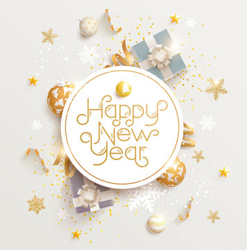Happy New Year greeting card with gifts, balls and snowflake