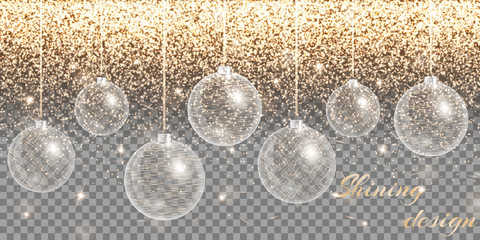 Christmas decoration vector. New year celebration. Bokeh lights. Golden background. 
