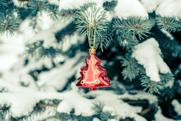 Christmas-tree toy hanging in the branches of fir 