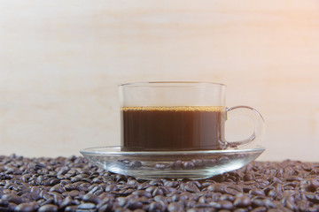 espresso in a glass on wooden table