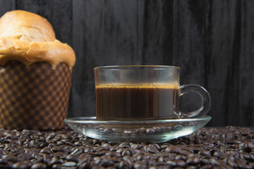espresso in a glass on wooden table