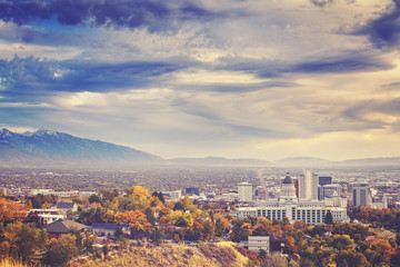 Color toned picture of Salt Lake City downtown, Utah, USA.
