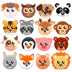 Cute cartoon animals head round shape.  Bear, cat, dog, pig, rabbit, cow, deer, lion, sheep, tiger, owl, panda, raccoon, monkey, penguin, hare, fox