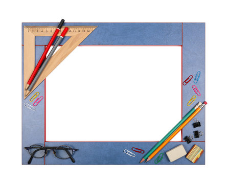 Blue Art School Frame With Stationery. Isolated