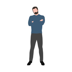 Man in blue sweater standing with folded hands, vector illustrat