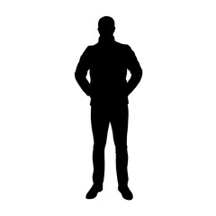 Standing man in jacket, hands in pockets, vector silhouette.