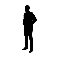 Standing man in jacket, hands in pockets, vector silhouette.