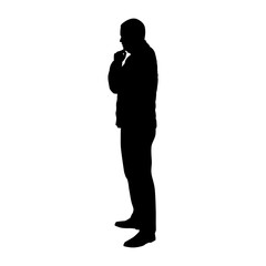 Standing man in jacket thinking, vector silhouette, profile, sid