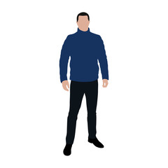 Standing man in blue feather jacket, flat vector illustration