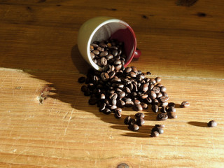 Coffee beans on a wooden table
