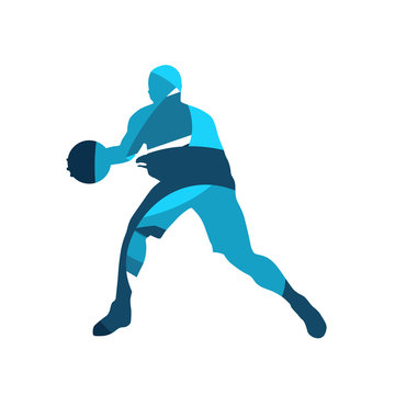 Basketball player with ball, blue isolated vector silhouette