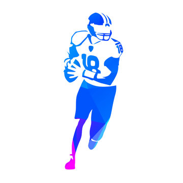 American football player running with ball, abstract blue polygo