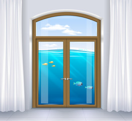 The underwater world of the window of the apartment. Concept on a theme of flooding or diving. Transparency. Vector graphics