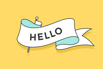 Greeting card with ribbon and word Hello. White trendy ribbon banner in retro style for card or banner on colorful yellow background. Vector Illustration