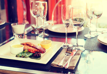 Salmon steak cooked in asian style, toned