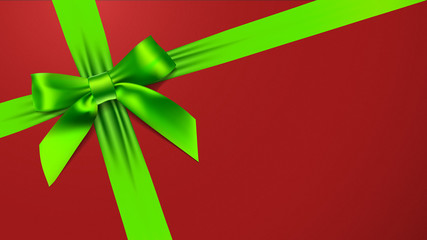 greeting card with realistic green bow on red background