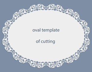 Greeting  card with openwork  oval border, paper doily under the cake, template for cutting, wedding invitation, decorative plate is laser cut, frame with lace edge, vector illustrations.