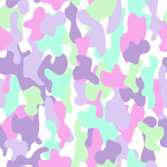 Camouflage seamless pattern in a green, aquamarine pink and white colors.