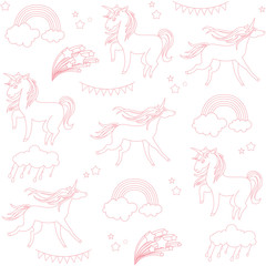 Unicorns are depicted in the style of school drawing with a pink ballpoint pen and clouds.