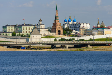 View of the Kazan Kremlin with Presidential Palace, Annunciation Cathedral, Soyembika Tower and Qolsharif Mosque from Kazanka River, Kazan, Russia.