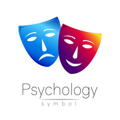 Two masks with different emotions. Vector illustration. Blue and violet color. Modern sign of Psychology. Design concept. Brand company. Icon for web, print