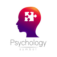Modern head sign of Psychology. Puzzle. Profile Human. Creative style. Symbol in vector. Design concept. Brand company. Violet color isolated on white background. Icon for web, print