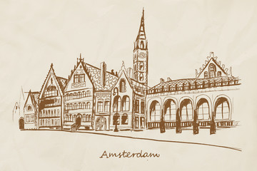 Hand drawn street in Amsterdam on vintage background