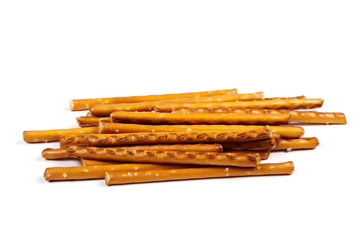 salty cracker pretzel sticks isolated on white background