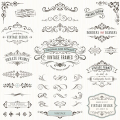Ornate vintage design elements with calligraphy swirls, swashes, ornate motifs and scrolls. Frames and banners. - obrazy, fototapety, plakaty