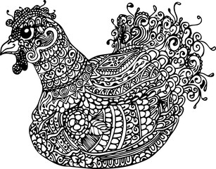 Вектор курица с этническим рисунком каракули. Книжка-раскраска.