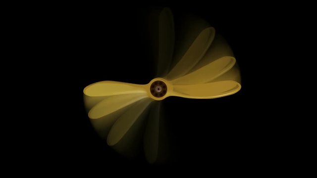 Spinning propeller on a black background with a mask, key and alpha. Front view of a fast spinning airplane propeller. Brown rotating squirming aircraft propeller.