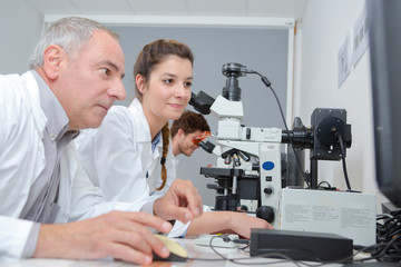 medical students and teacher working with microscope at the university