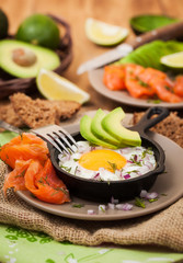 Fried egg, avocado and smoked salmon in frying pan