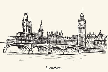 Hand drawn London City on ecru background - obrazy, fototapety, plakaty