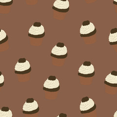 Seamless pattern with hand drawn and painted cupcakes. Vector graphic. Beautiful delicious sweets for girls. Creamy cakes illustration. Brown background. 